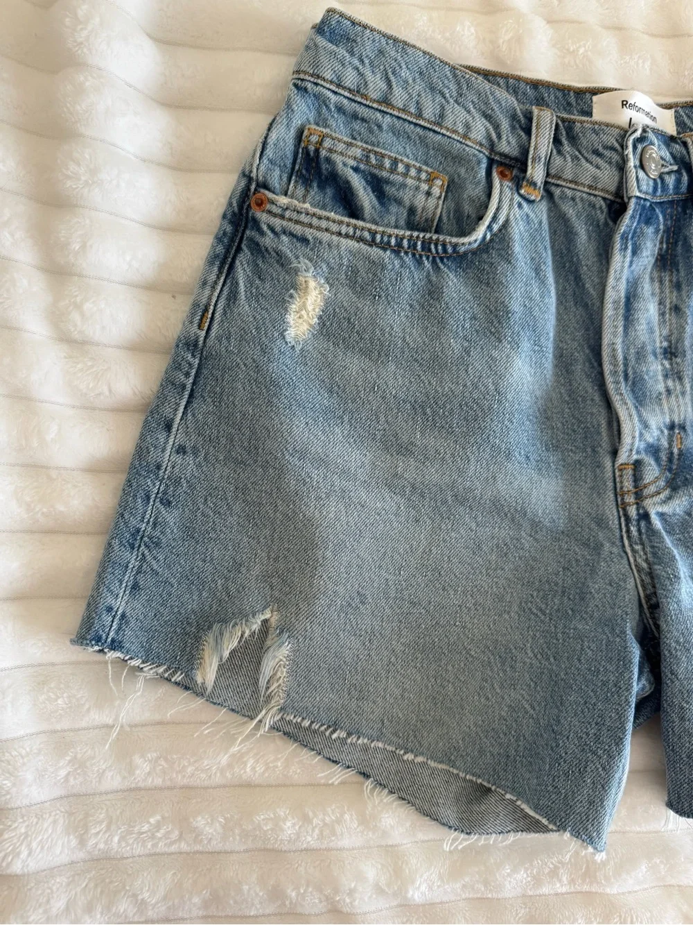 Reformation Light Blue Distressed Denim Shorts